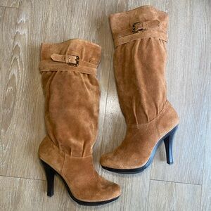 Michael Kors Suede Slouch Knee High Heeled Boots in Color Cognac - Brand New